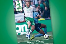 Victor Ericsson i en brottningsduell pryder omslaget av Supportrarnas Matchprogram till matchen Hammarby-Malmö FF 2025.
