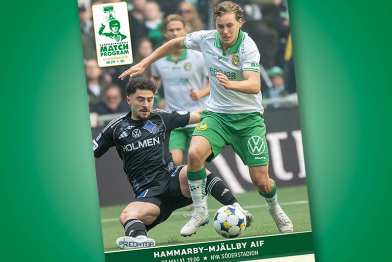 Hampus Skoglund på omslag till Supportrarnas Matchprogram inför matchen Hammarby-Mjällby i Allsvenskan 2025.