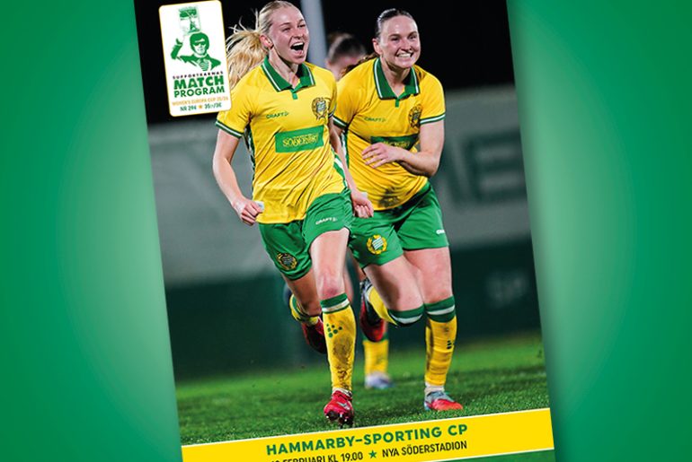 Omslag av Supportrarnas Matchprogram förställande Emilie Joramo och Vilde Hasund inför mötet Hammarby-Sporting i Europa Cup.