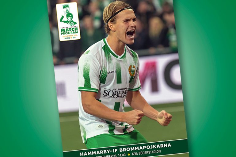 Markus Karlsson på omslaget av Supportrarnas Matchprogram inför mötet Hammarby-Brommapojkarna i Allsvenskan 2026.